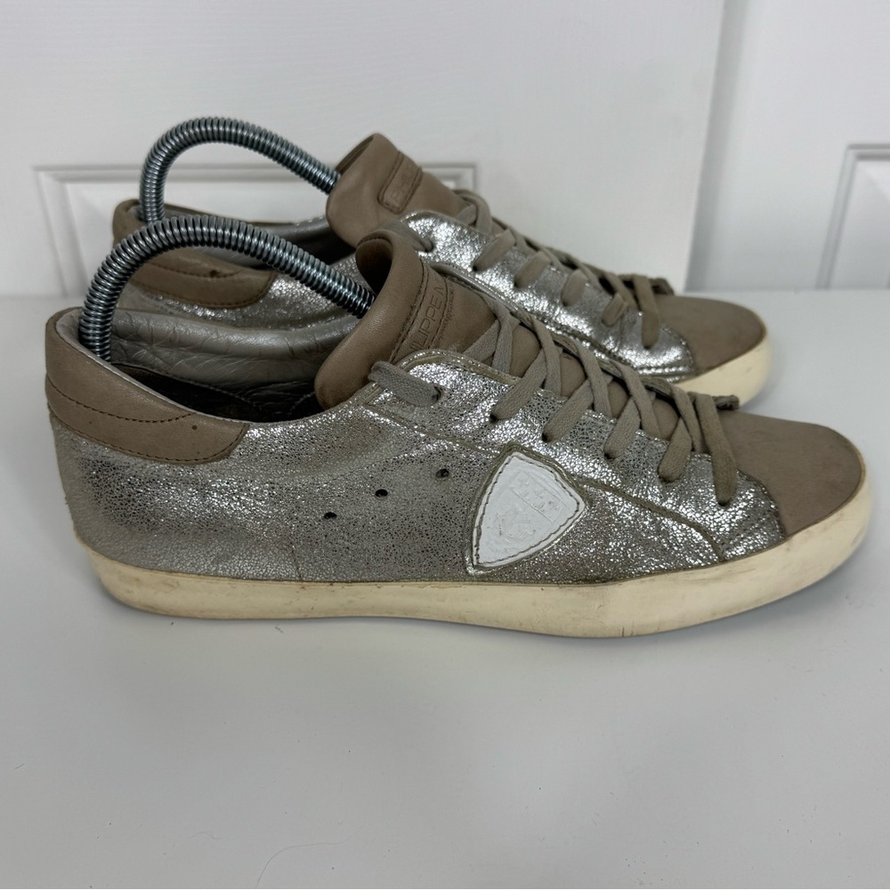 Philippe Model Grey Metallic Leather Low Top Casual Sneakers 39 EU Or 8-8.5 US